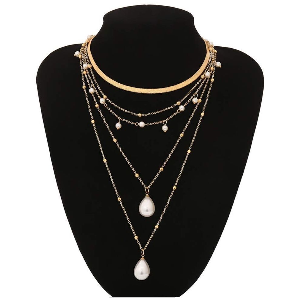 Amber Sceats Gold 5 Layered Necklace w/Faux Pearl Pendants. New